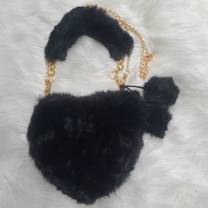 New Vegan Fur Black Heart Arm/Crossbody Bag